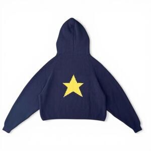 Vwoollo Star Knit Hoodie Navy Gold Star Sweater Unisex Streetwear - XL